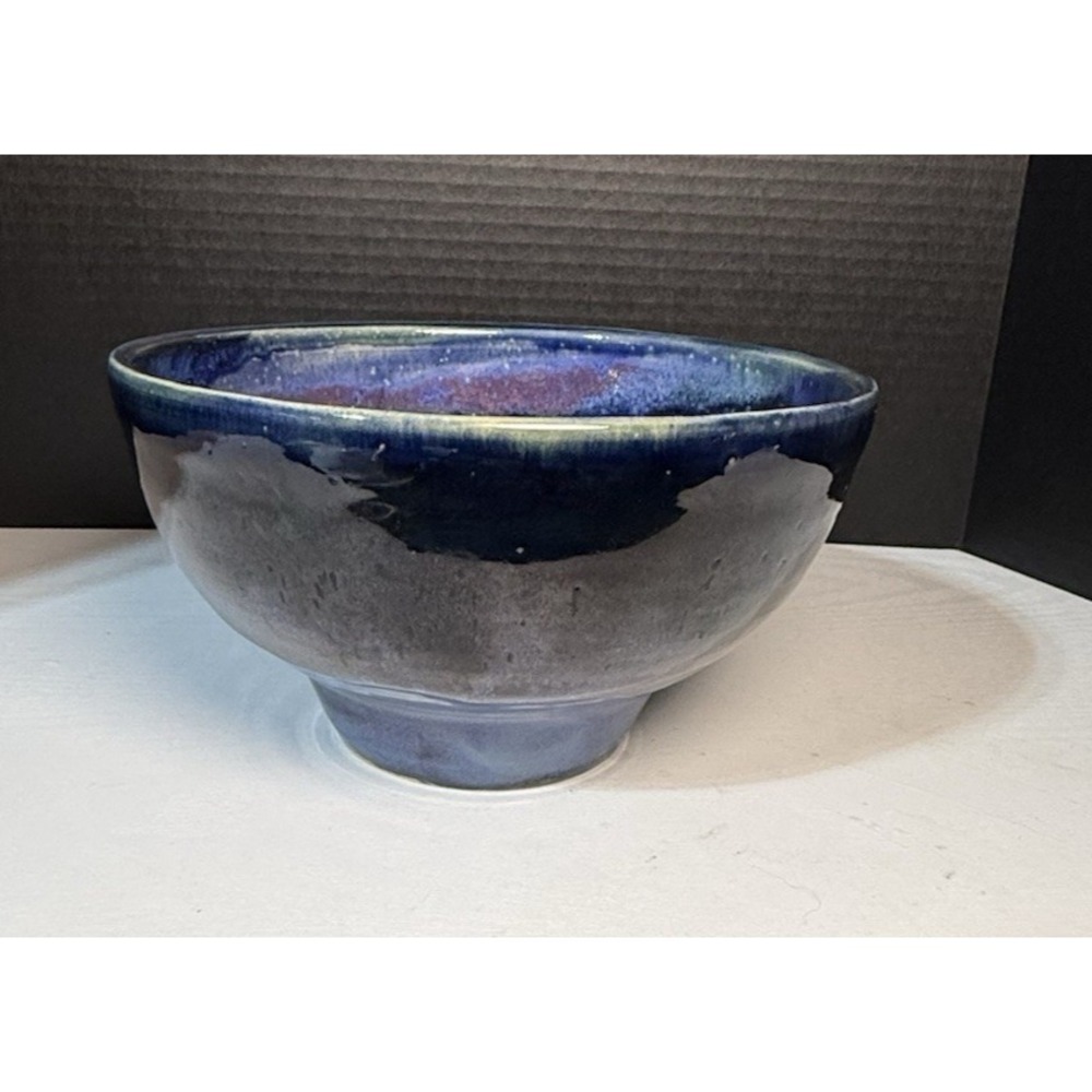 Handmade Studio Art Pottery Footed Blue Purple Swirl Salt Glaze Signed Melissa